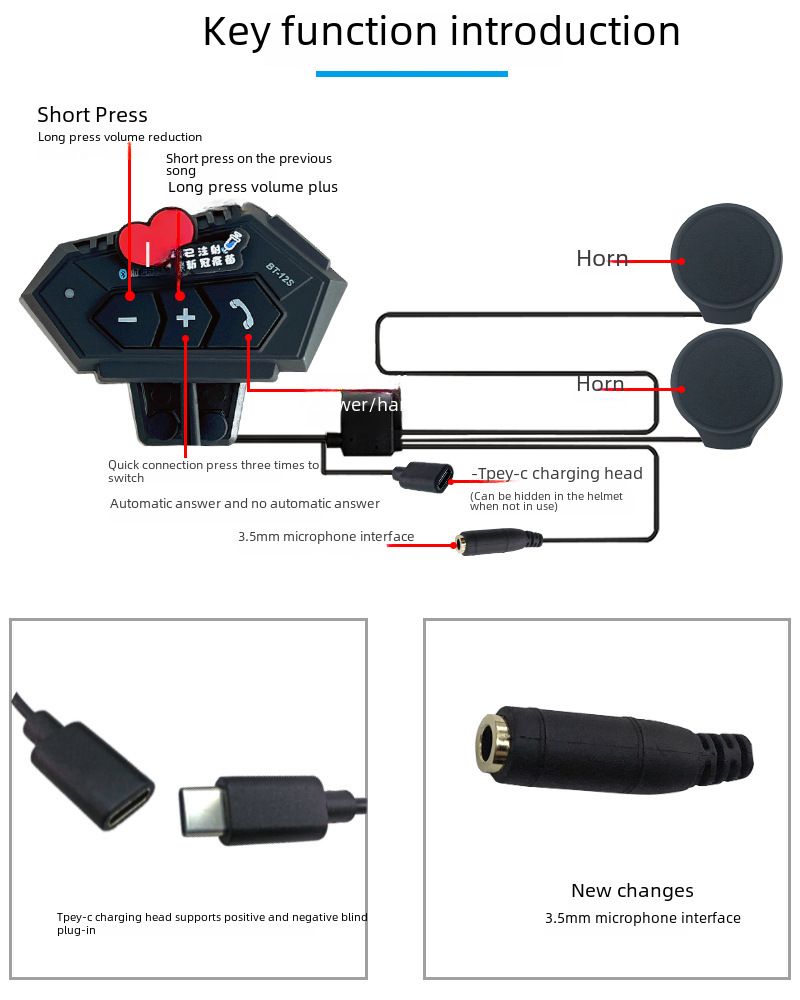 BT12S Motorcycle Helmet Bluetooth Headset 2000 mA Hard Mark Soft Mark Universal Takeaway Riding Bluetooth Headset_voghion.com