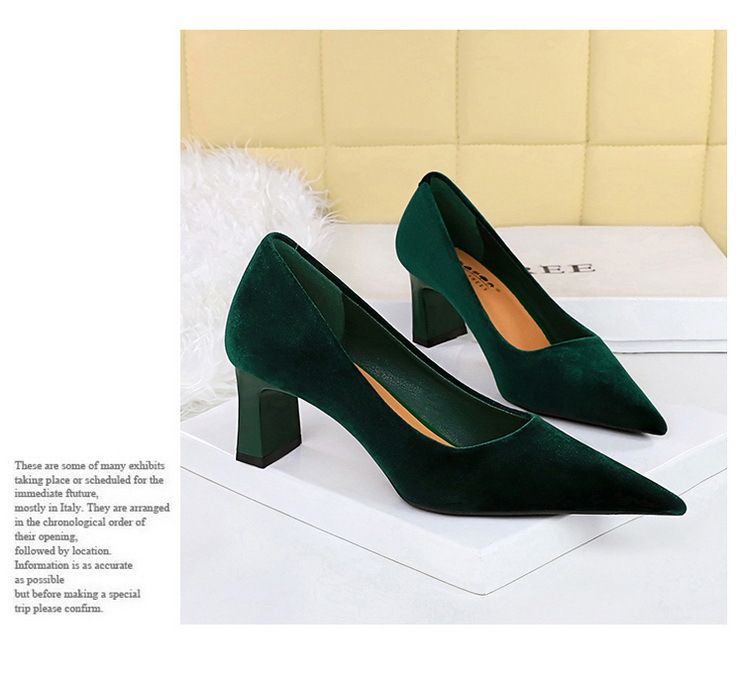 6188-9 Zapatos sencillos de moda para banquetes, de tacón alto y grueso, de gamuza y terciopelo del oeste, con boca poco profunda y puntiagudos_voghion.com