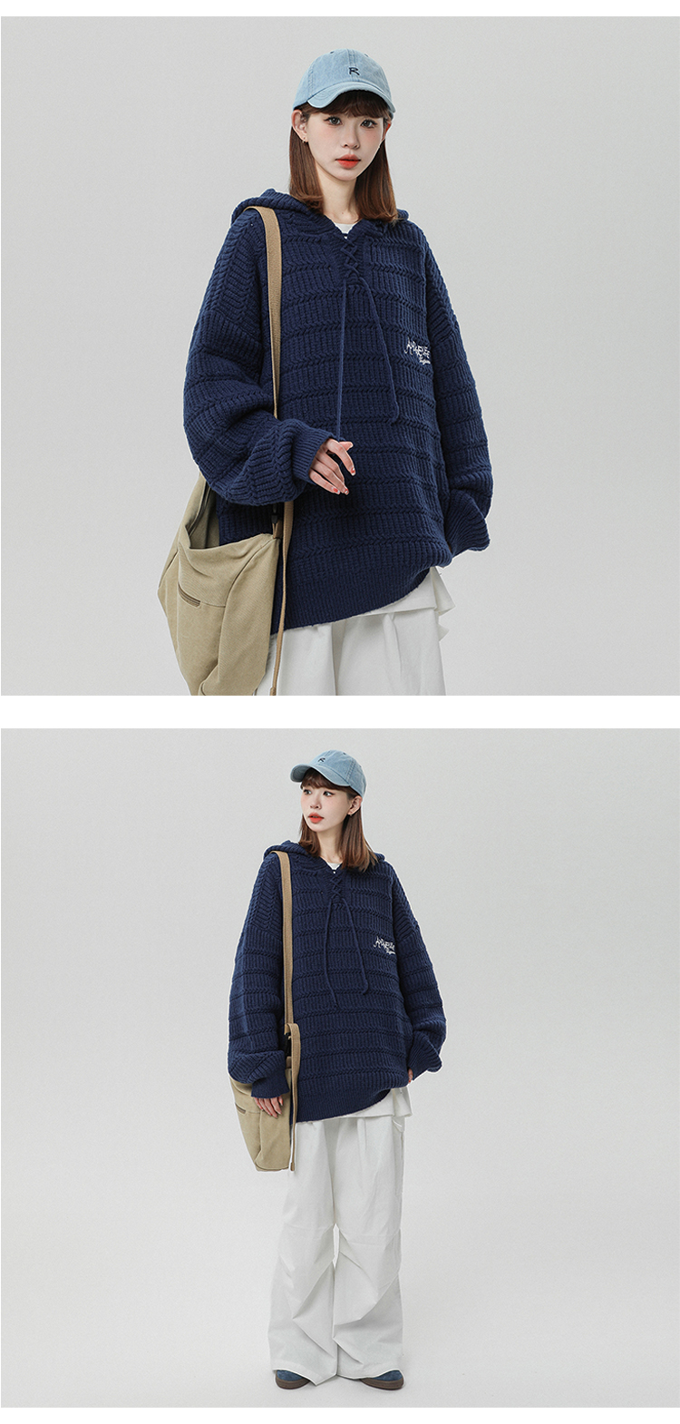 2023 Autumn/Winter Hooded Knitwear Women's Drawstring Loose Embroidered Pullover Sweater B213-8079-P80 Control 98_voghion.com