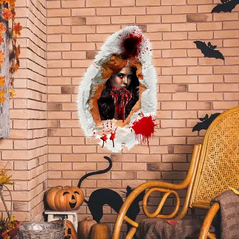 Bat Eyes Halloween Floor AFH1195 Devil Girl 3D Custom Broken Window Wall Stickers_voghion.com