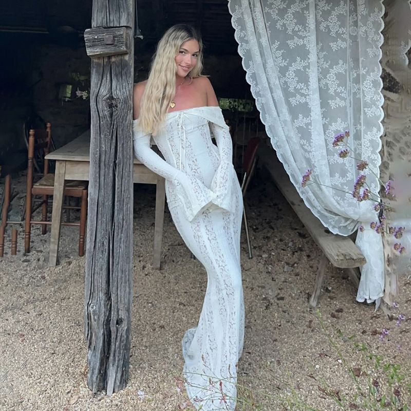 Women's Clothing Off-Shoulder Lace Mermaid Dress – Long-Sleeve Sexy Bodycon Gown (White/Black/Pink/Beige)_voghion.com