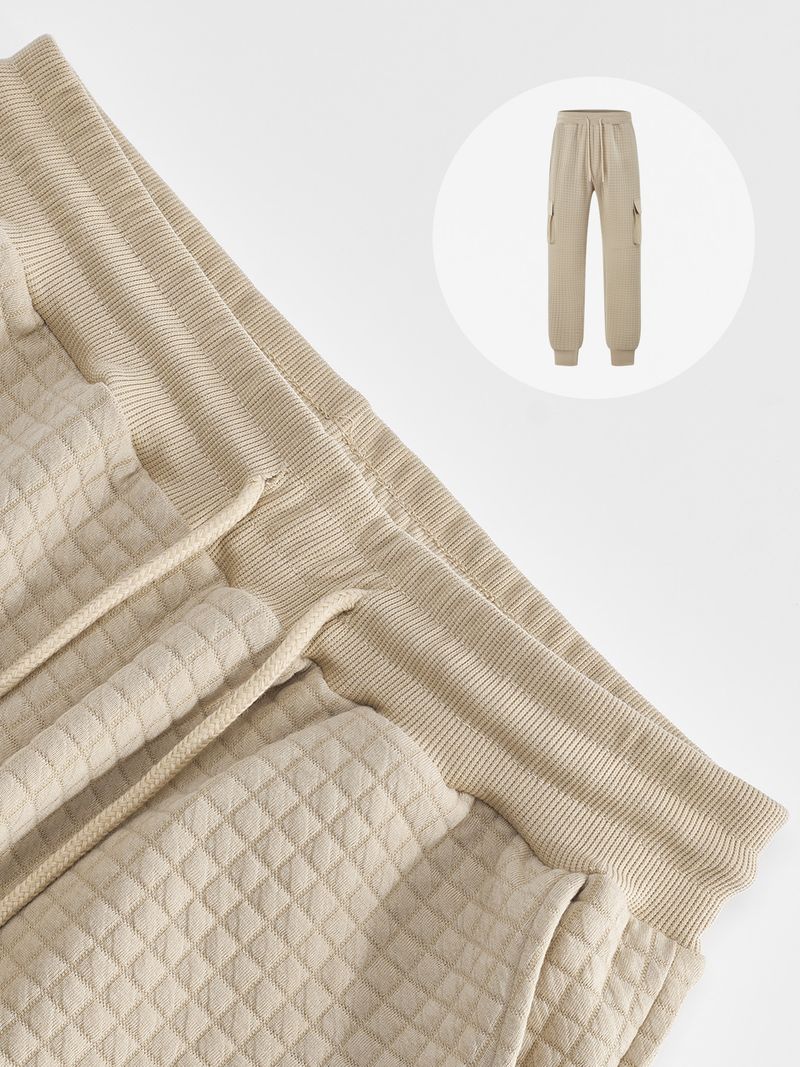 Conjunto de sudadera con capucha y joggers de punto a cuadros para hombre: 2 piezas, estilo informal de negocios, 100 % poliéster, resistente a las arrugas y transpirable._voghion.com