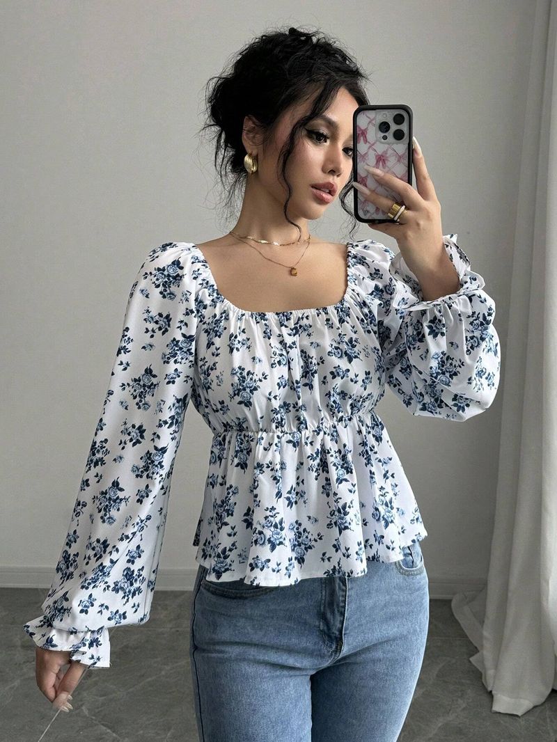 Maglietta da donna fresca e dolce, autunno e inverno, scollo quadrato, maniche a sbuffo, stile caldo, floreale, a maniche lunghe_voghion.com