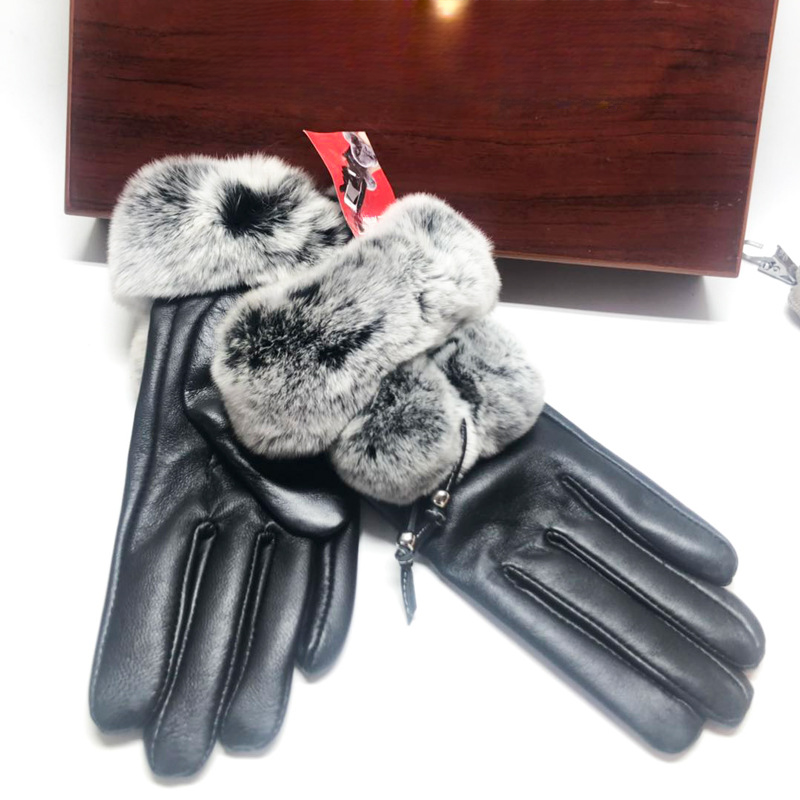 Gants en cuir véritable avec doublure polaire, bordure en fourrure de lapin Rex, marque, cyclisme, résistants au froid, chauds, hiver femme_voghion.com