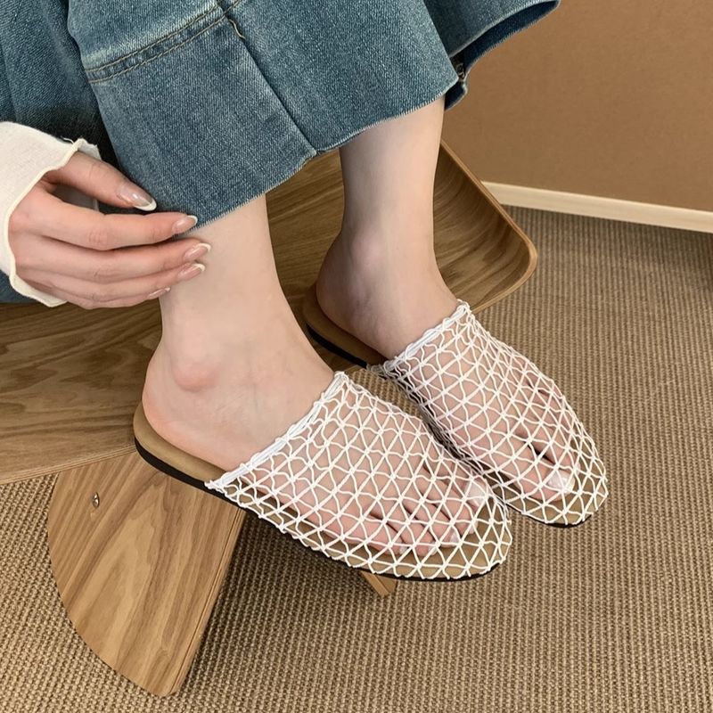 New Mesh Hollow Breathable Fishnet Woven Closed-Toe Half Slippers Flat Mules Roman Sandals_voghion.com