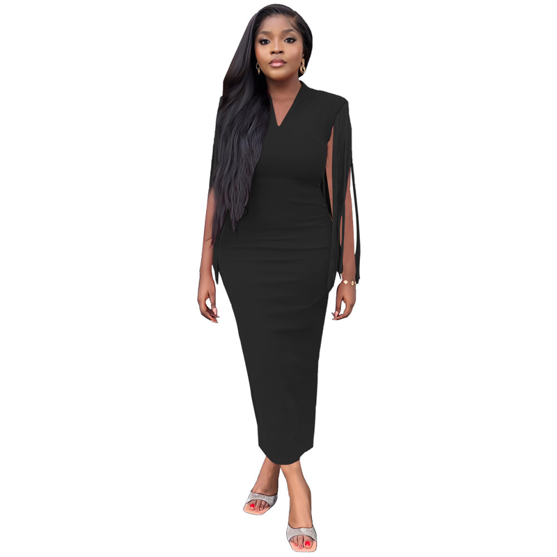 Women's fringe shawl temperament one-step slim-fit pencil dress_voghion.com