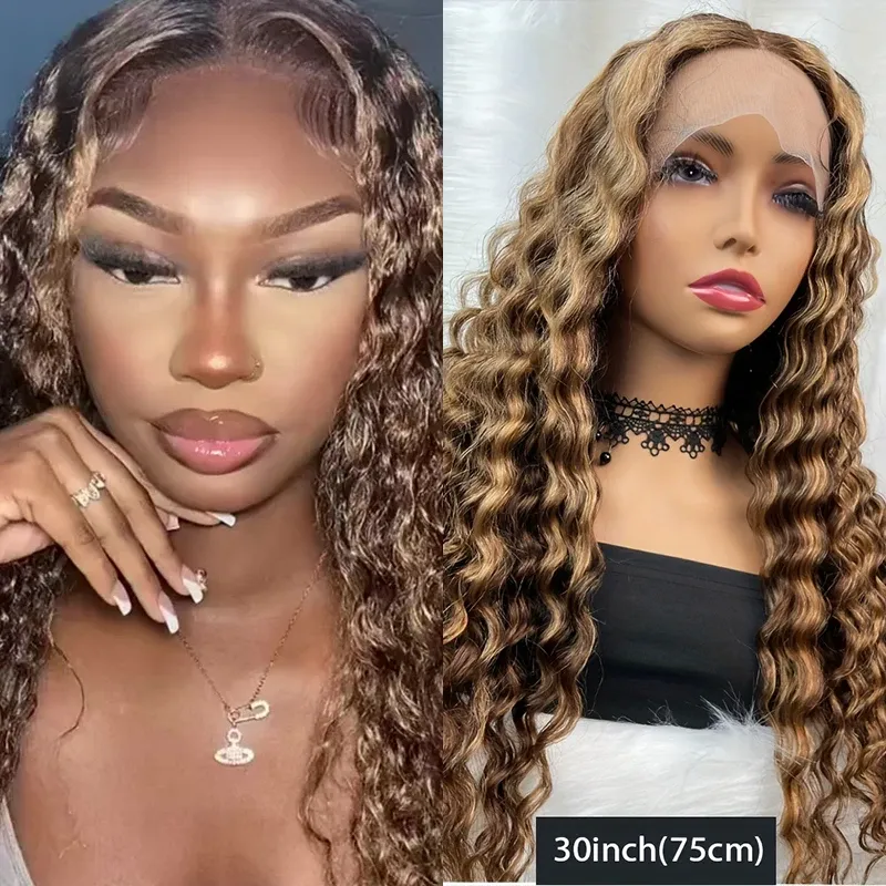 Highlight Ombre Farbige Lace Front Echthaar Perücke 30 Zoll Curly Tpart Deep Water Wave Frontal Perücken für Frauen_voghion.com