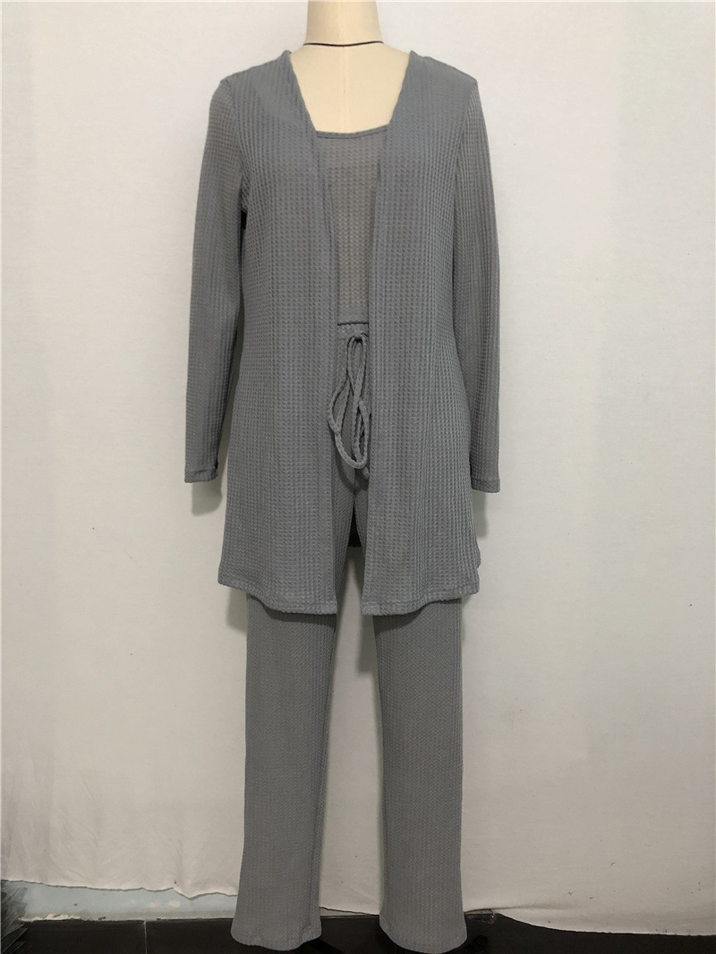 Women's home wear women's Waffle knit halter top trousers robe pajamas three sets_voghion.com