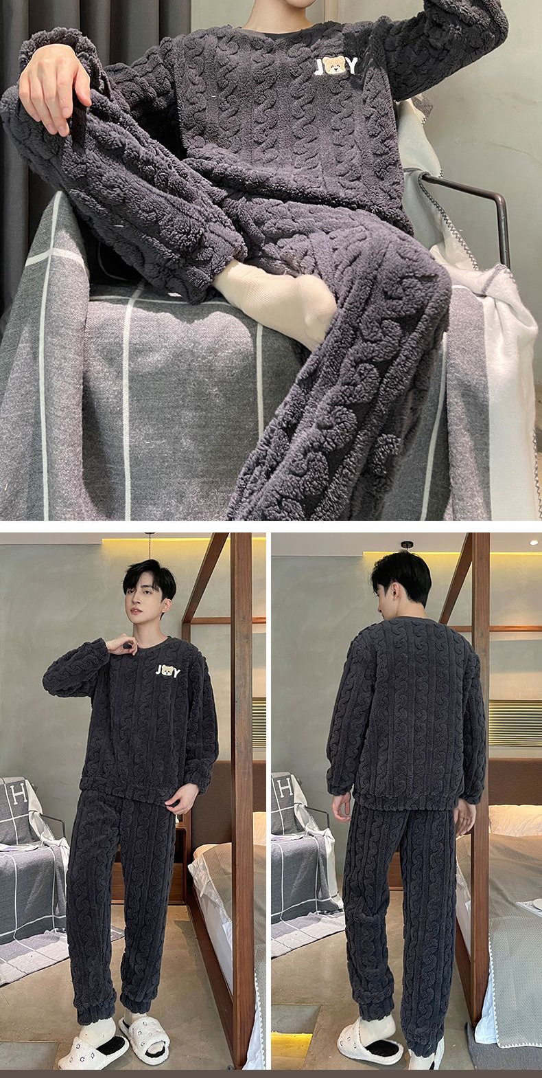 2025 Nuovo pigiama invernale in pile di corallo, morbido e aderente, in flanella, da uomo, vestibilità ampia e spessa_voghion.com