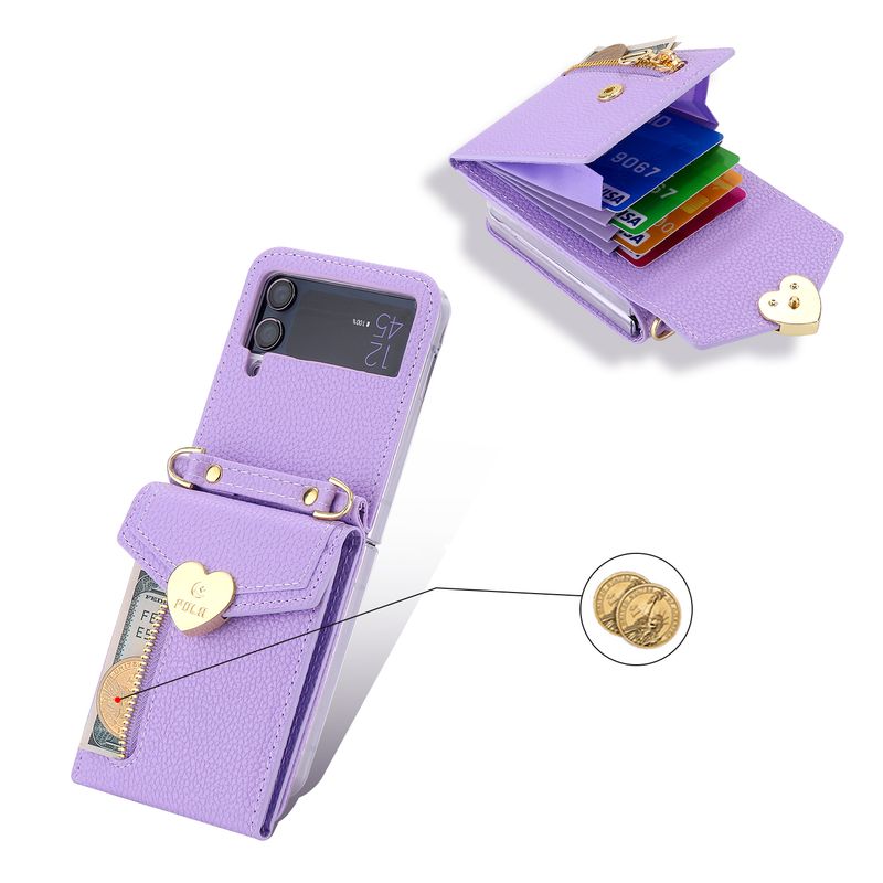 Bolsa de moedas com zíper Bolsa de couro transversal Bolsa carteira para Samsung Z Flip 6 4 5 3 Flip3 Alça de pescoço Alça de ombro Capa porta-cartão_voghion.com