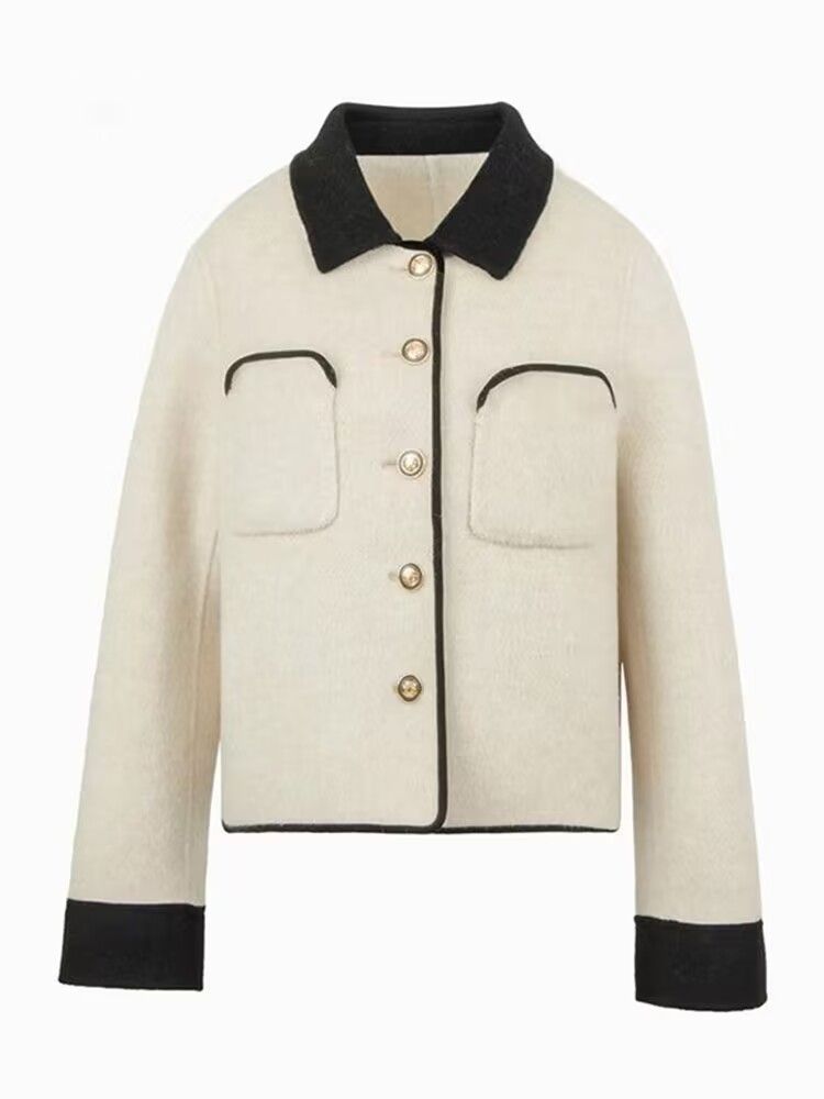 Kurzer Wollmantel für Damen – modische Oberbekleidung für Herbst und Winter, eleganter Blazer mit lockerer Passform, lässig-schickes Design, passt in kleine Größen, Grau und Beige_voghion.com