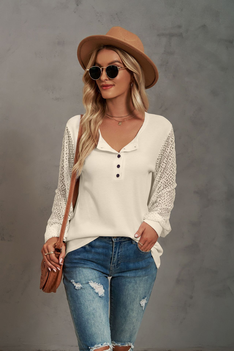 Women's Clothing Casual Waffle Grace Panel Long Sleeve Button T-shirt Top_voghion.com