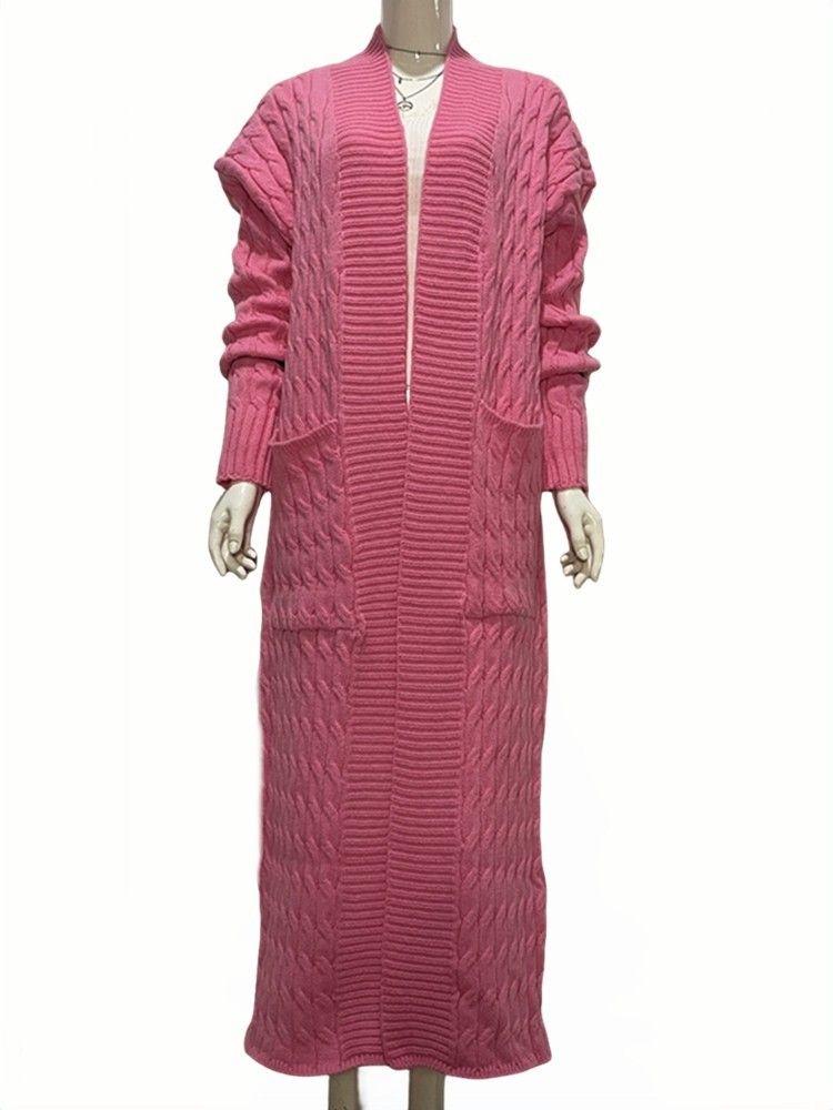 Damen-Strickpulloverjacke mit langen Ärmeln, lockerer langer Strickjacke_voghion.com