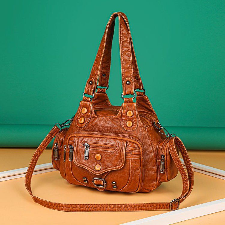 Borsa da donna in pelle lavata di alta qualità, borsa tote in morbida pelle con rivetti retrò, borsa a tracolla multitasche di grande capacità_voghion.com