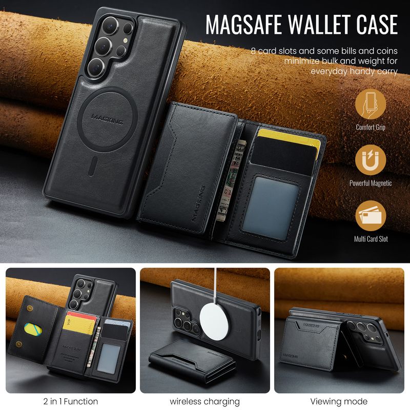 2-in-1-Hülle für Samsung Galaxy S25 S24 Ultra Plus FE Kabelloses Ladegerät Brieftasche Lather Card Pocket Magnetische Kickstand-Hülle_voghion.com
