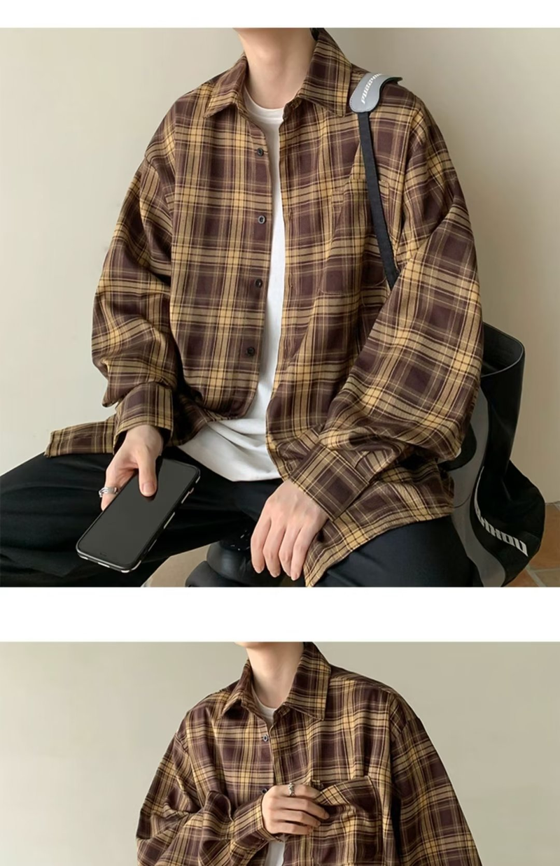 Vintage-Karohemd – Übergroßes Langarm-Leinengemisch, atmungsaktiv und knitterfrei, minimalistisches Freizeitoberteil (M-5XL, Herbst-Essential)_voghion.com