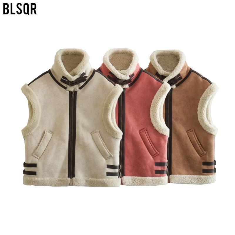 Y2k Nuovo Gilet in Pile Integrato con Pelliccia e Cuciture in Cotone da Donna A19588_voghion.com