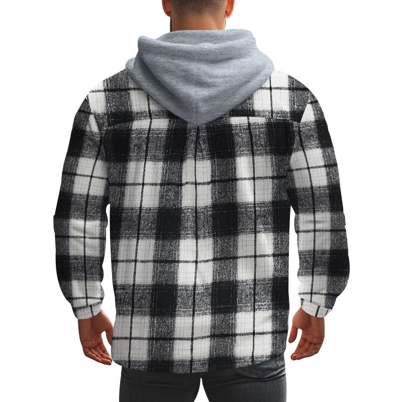 Camicia casual alla moda da uomo in stile americano, autunno inverno, con cappuccio, in flanella jacquard a quadri_voghion.com