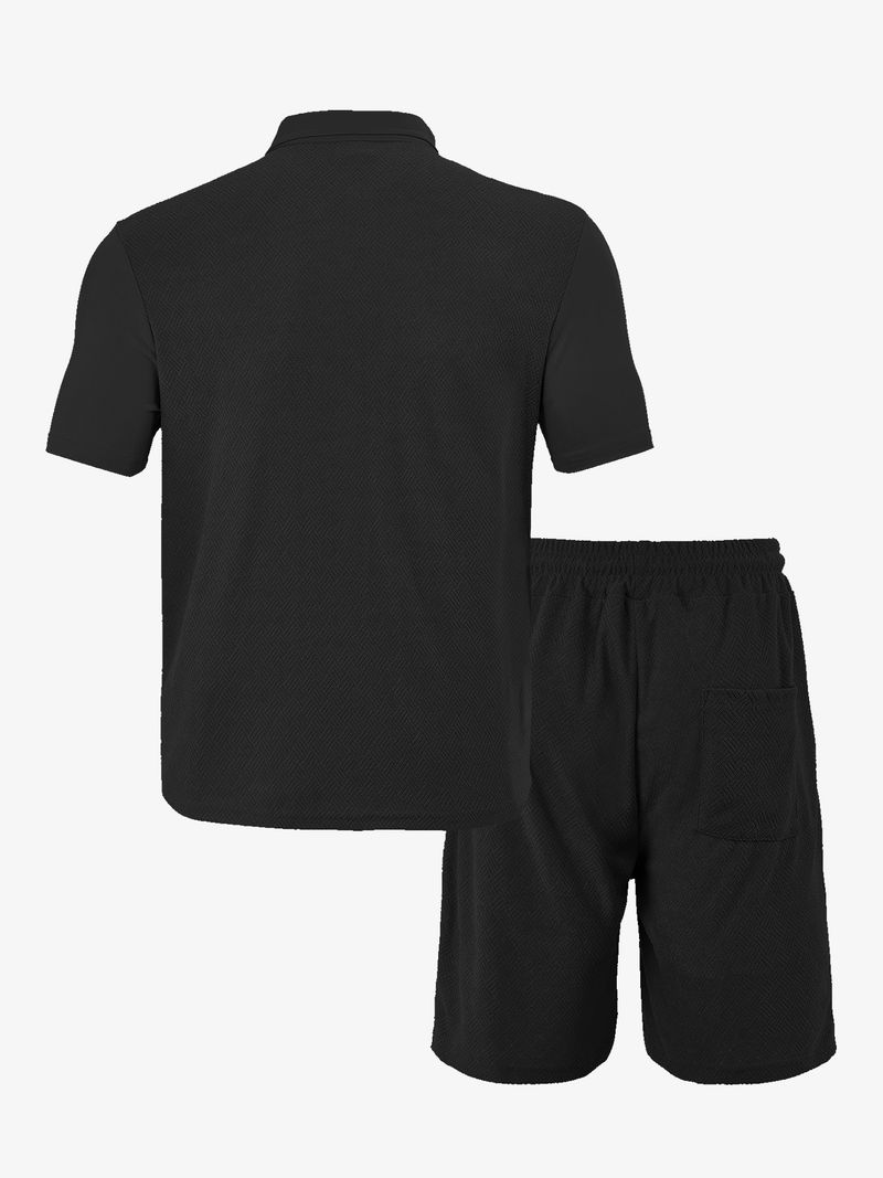 Men's Clothing New Casual Button Solid Color Cross Pattern Towel Jacquard Cloth Short Sleeved Shorts Suit_voghion.com