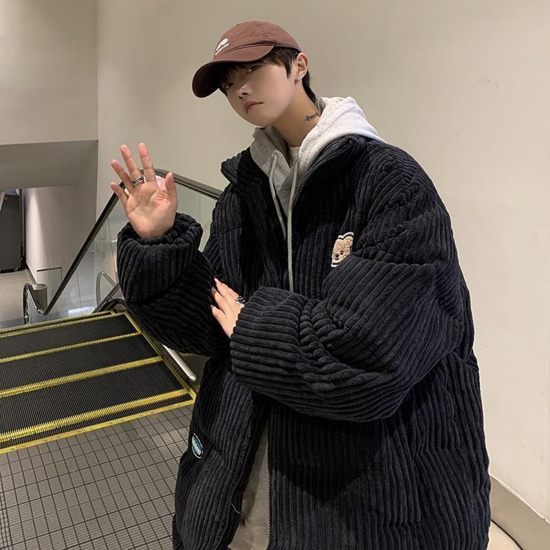 Corduroy cott men's new embroidered bear winter jacket with cotton thickening trend label, handsome couple_voghion.com