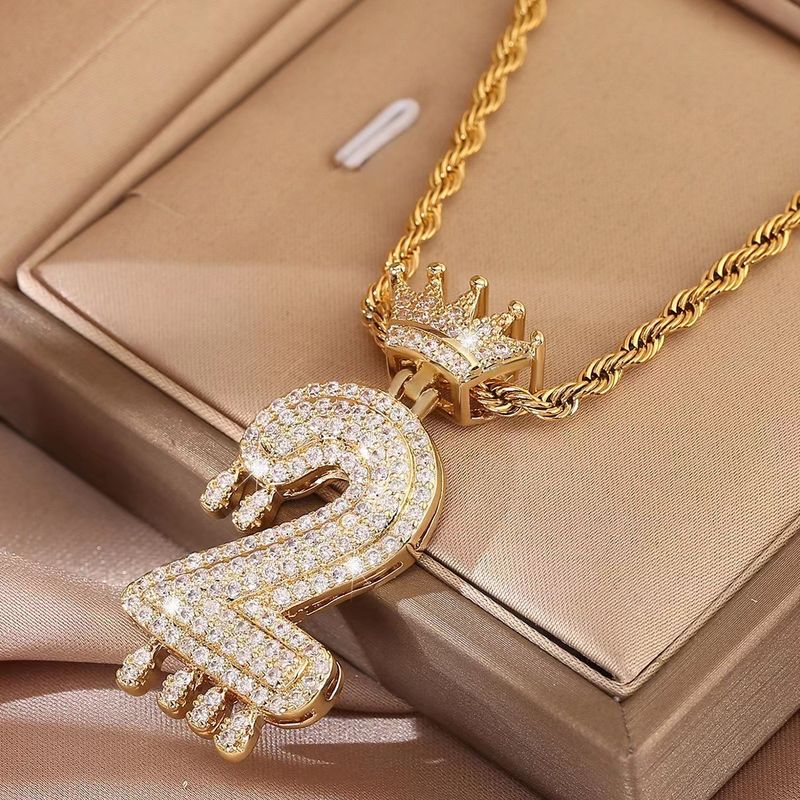 Unisex Crown Digital Pendant Personality Necklace Copper Inlaid Zircon Hip Hop Gold Plated Jewelry_voghion.com