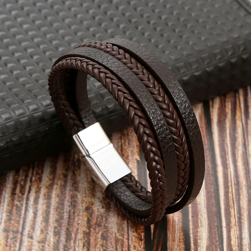 new leather hand woven bracelet men's magnet buckle stainless steel bracelet jewelry women's_voghion.com
