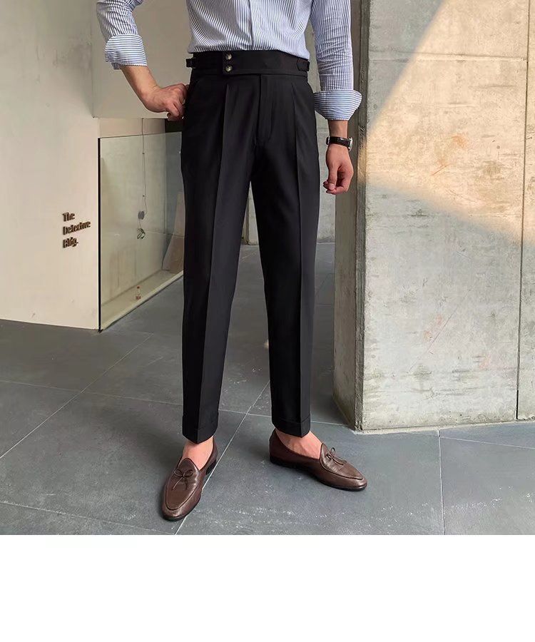 Herrenbekleidung Einfarbige Neun-Punkt-Hose mit hoher Taille Temperament Lässige Business-Hose mit italienischen Pariser Knöpfen Herrentrend_voghion.com