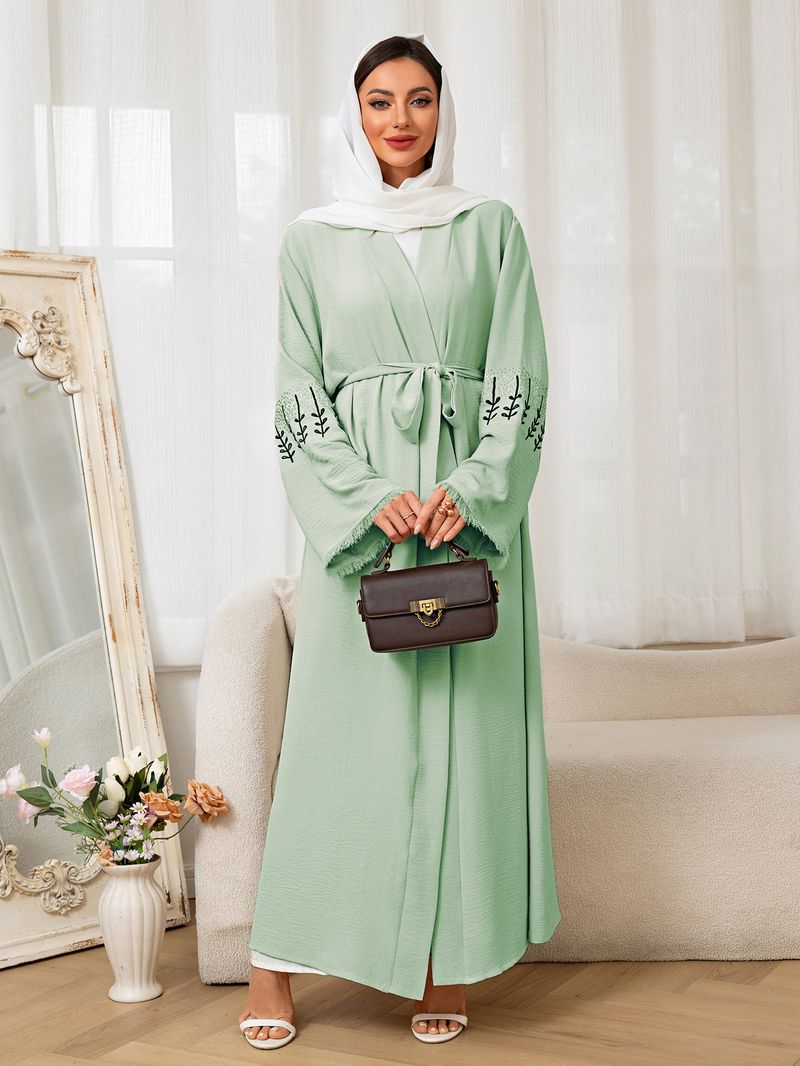 Abito lungo musulmano da donna, alla moda, cardigan aperto in tessuto di poliestere_voghion.com