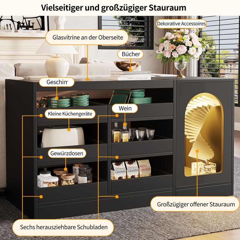 Kommode Schwarz Mit 6 Schubladen, LED-Licht, Hohlschranktür_voghion.com