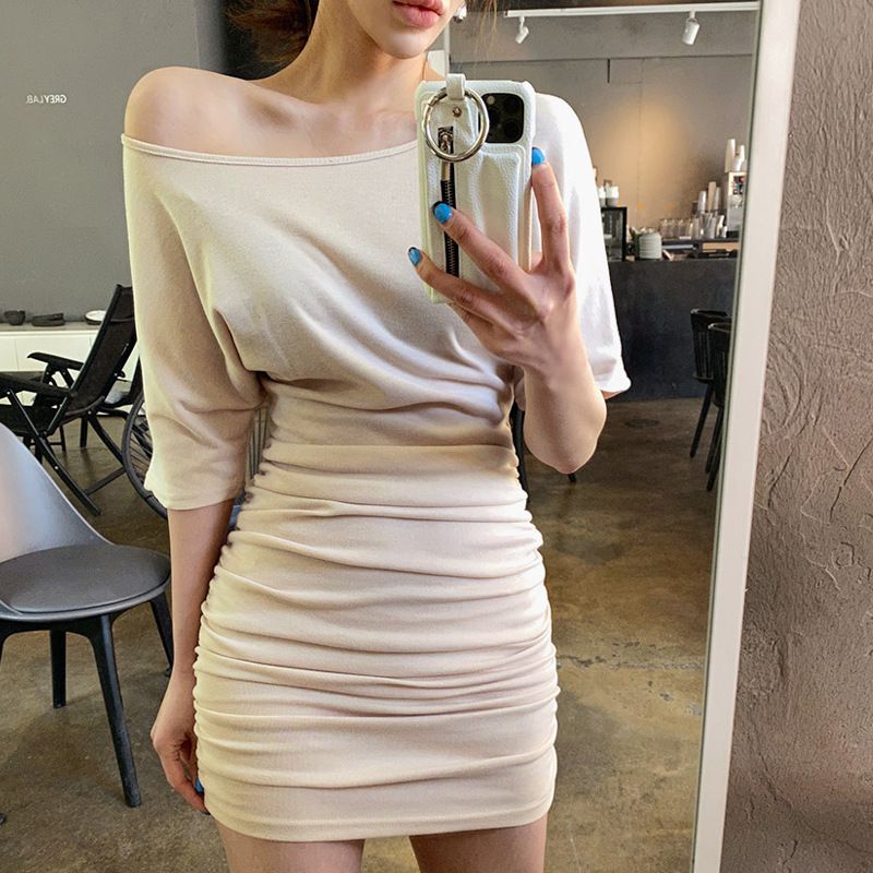 Corea del Sud Dongdaemun Abito estivo da donna, sexy, aderente, con arricciature, maniche corte, spalle scoperte_voghion.com