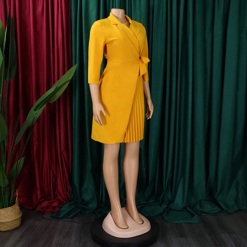 Damen Große Größen Damenbekleidung Mode Anzug Kragen Mode Gürtel Taille Plissee Kleid_voghion.com