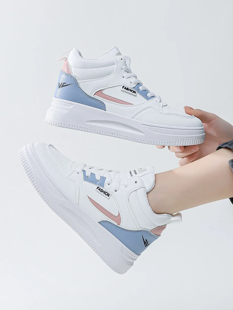 Scarpe da skate da donna bianche con lacci color block sul davanti, sneakers da lavoro leggere e alte per palestra interna ed esterna_voghion.com