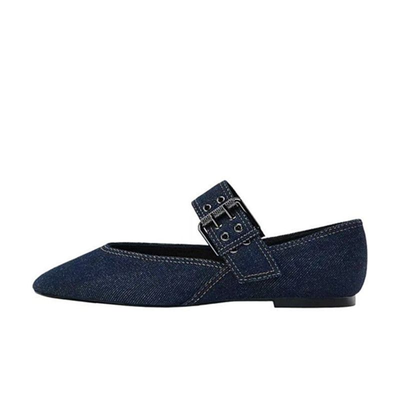 2025 Spring New Women's Blue Buckle Decorated Denim Ballet Style Flat Fashion Versatile Single Shoes_voghion.com