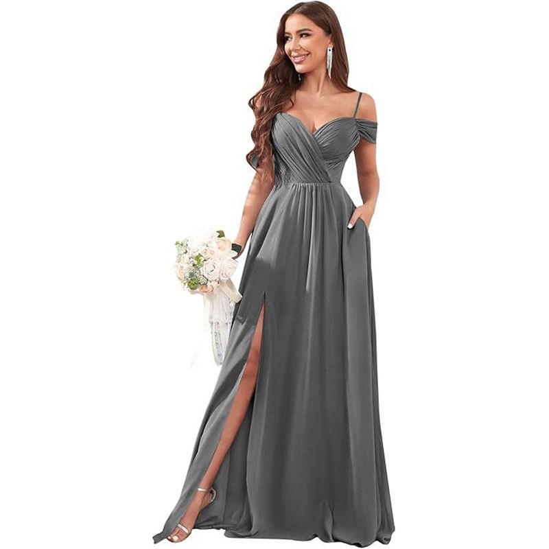Elegante abito da damigella d'onore con spalle scoperte, lungo abito da sera formale in chiffon con volant e pieghe per feste di matrimonio, balli di fine anno, eventi in abito da sera_voghion.com