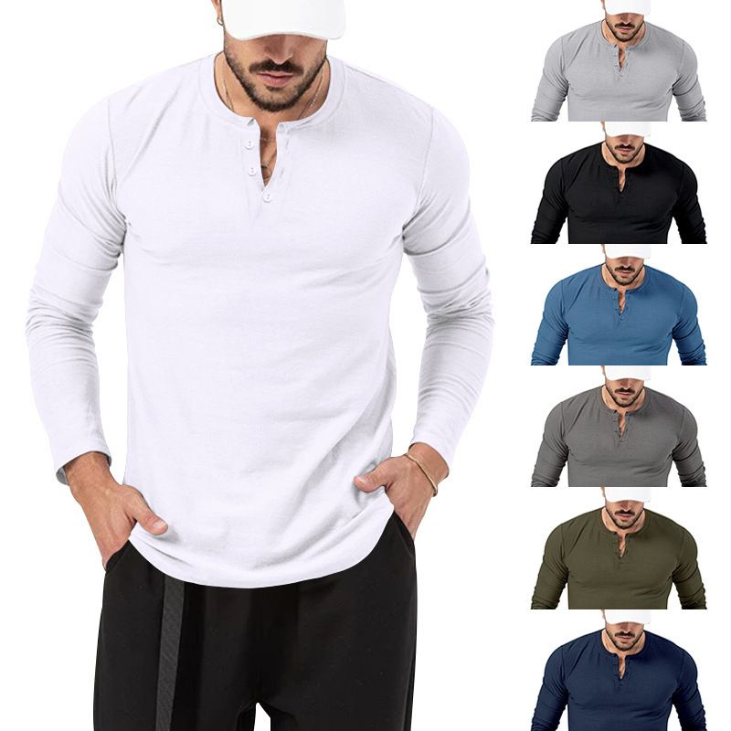 Unschlagbare Qualität 2025 Langarm-T-Shirt Rundhalsausschnitt Einfarbig Button-Down Henley Casual Sports Base Shirt Herrenbekleidung_voghion.com