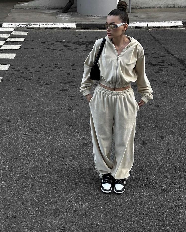 Ensembles pour femmes 2 pièces automne décontracté sport manches longues fermeture éclair 2024 femmes tendance pantalons ensembles cardigan élastique survêtement_voghion.com