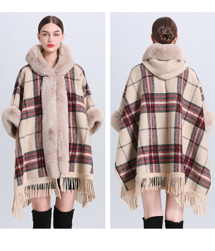 Dameskleding losse plaid plus fluwelen dikke bontkraag gebreide sjaal cape dameswollen sjaaljas_voghion.com