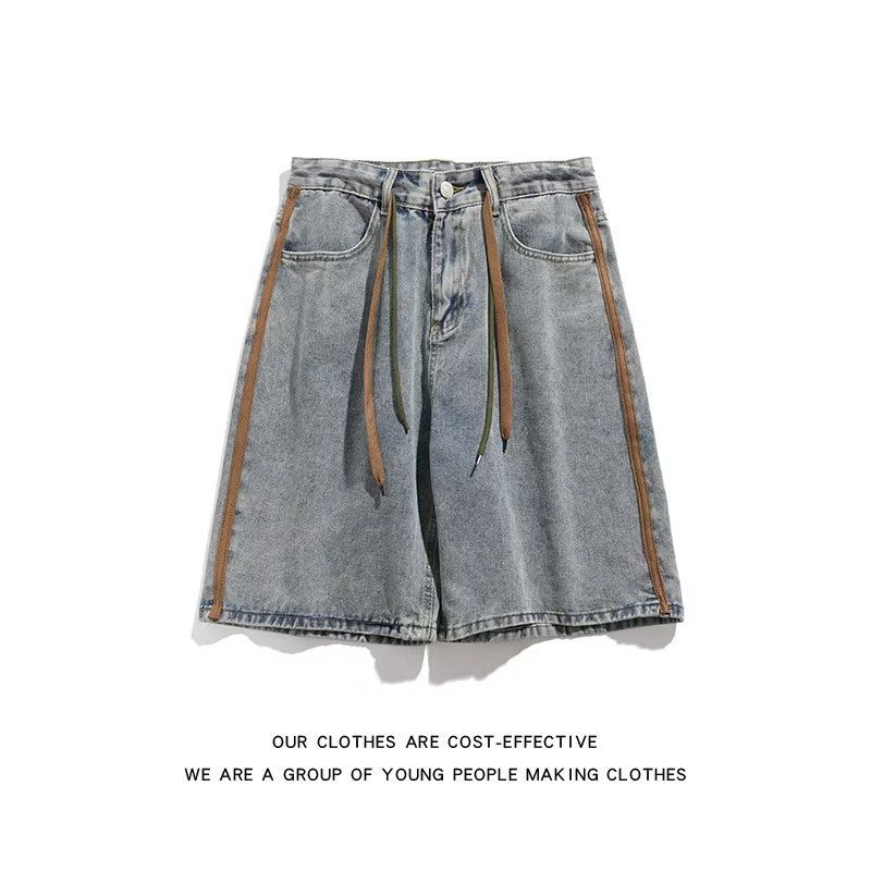 Shorts jeans masculino com emendas de fita de verão, estilo rufião americano retrô lavado e calças casuais de duas partes, de corte reto e soltas_voghion.com