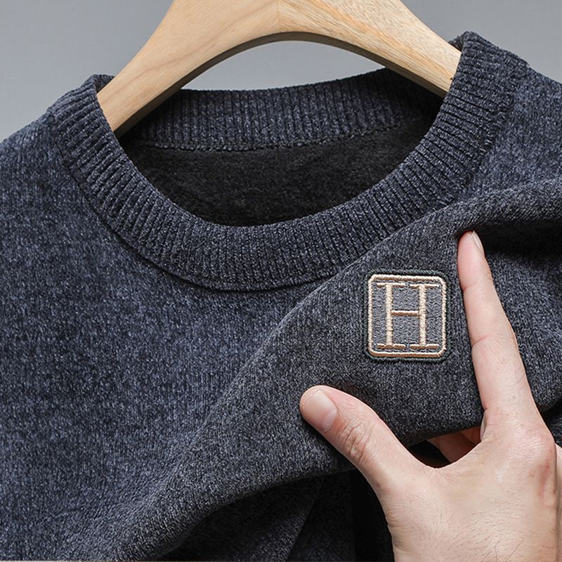 Maglione da uomo foderato in pile con scollo rotondo in ciniglia, caldo pullover in maglia per uomo_voghion.com