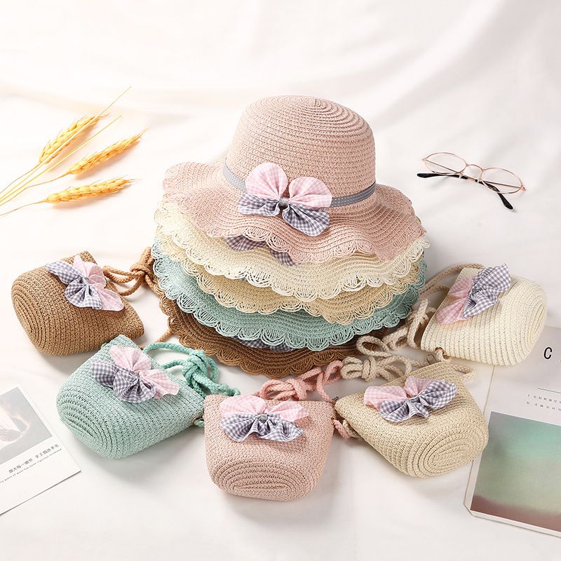 Moda Ragazze Paglia Turismo Fiore Bambini Cappello da Sole e Borsa Set Bambino Esterno Tesa Larga Cappelli da Pescatore_voghion.com