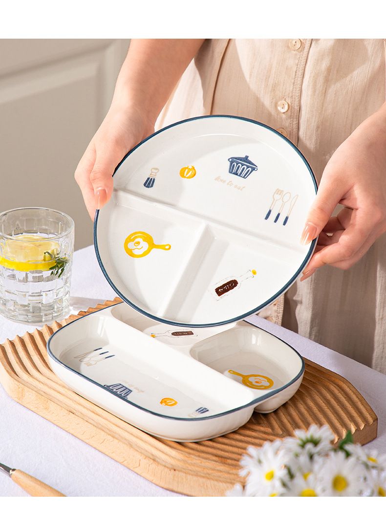 Modern Ceramic 3-Compartment Plate For Portion Control – Stylish Round & Square Divided Dish For Adults & Kids, Microwave Safe, Cartoon Design_voghion.com