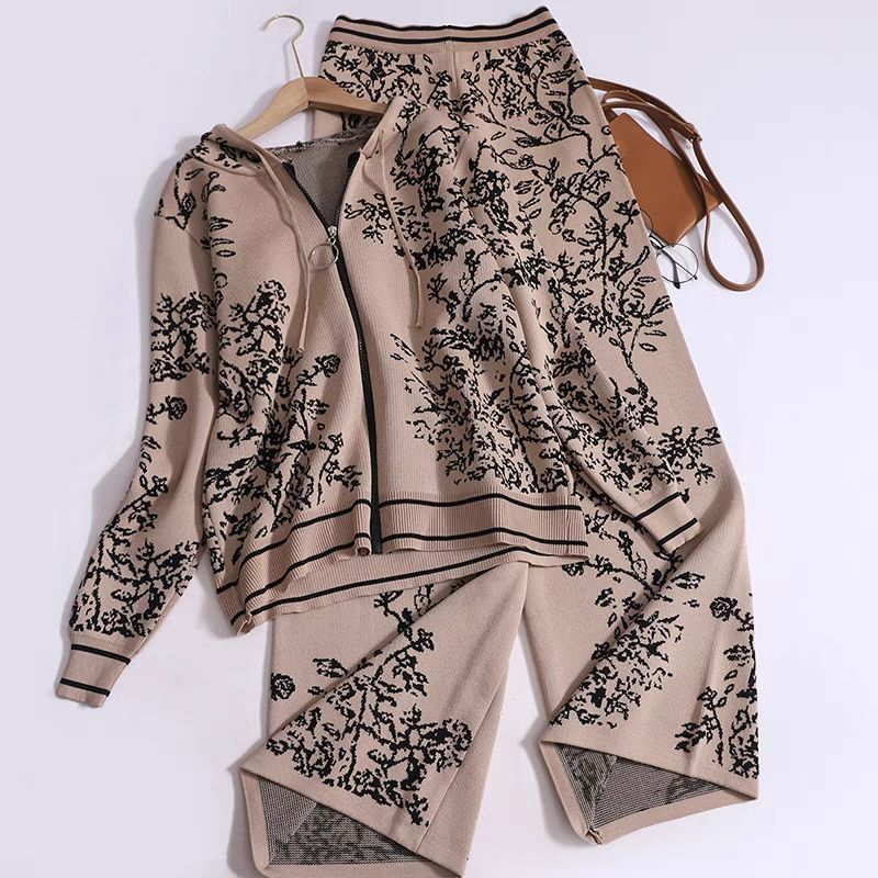 Kadınlar için kadın moda örme takım elbise kapüşonlu kazak geniş bacak pantolon iki parçalı set modaya uygun_voghion.com