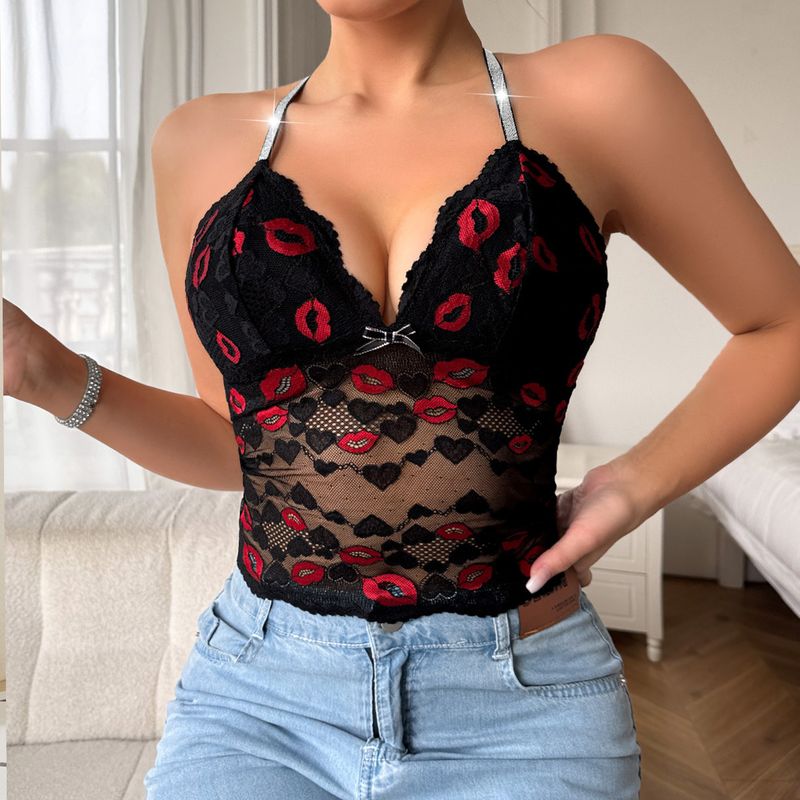 Femei intimă dantelă frumoase spate bretele lenjerie intimă subțire V adânc buze imprimare interior uzură bottoming lenjerie medie și lungă_voghion.com