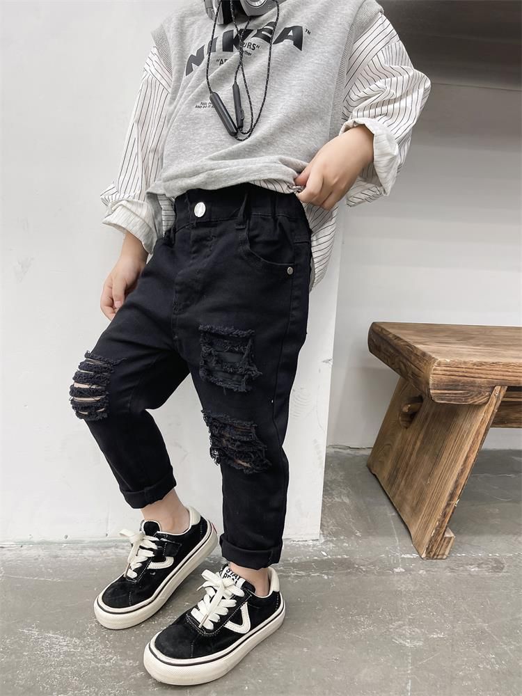 Kid's Clothing Children's pants new black and white trousers baby wear slim fit hole style trendy pants stretch cotton jeans_voghion.com