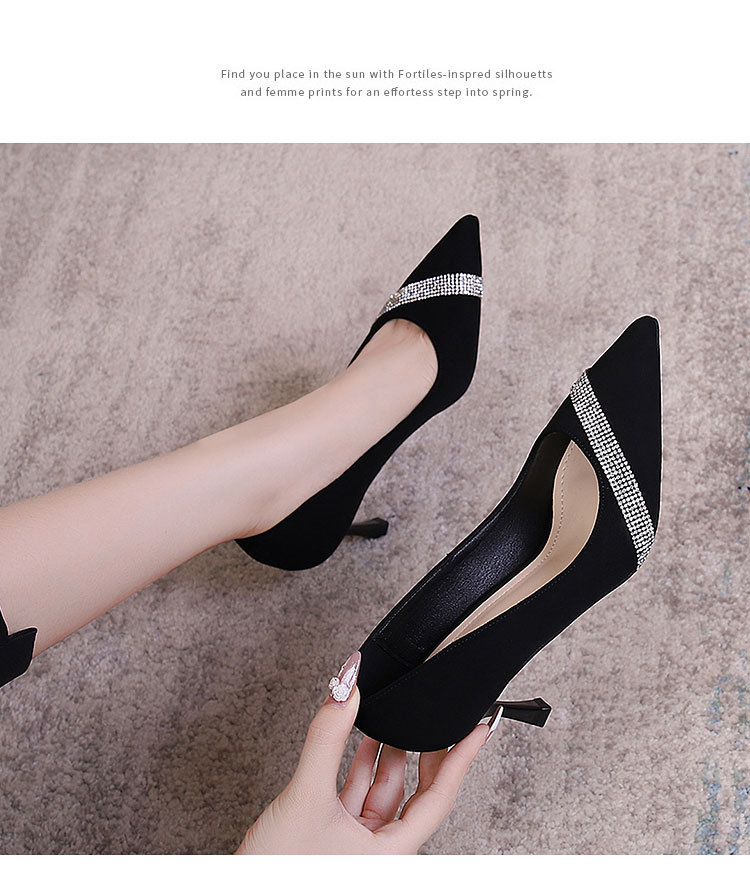 Women's High heels women's new spring and autumn rhinestone French shallow mouth suede pointed toe stiletto single shoes black with dress_voghion.com