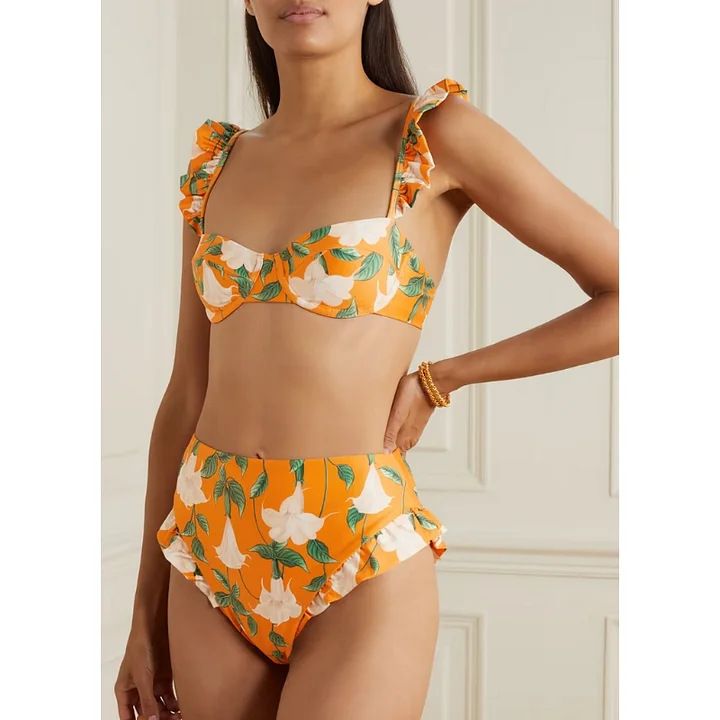 Neuer geteilter Bikini-Badeanzug für Damen, gerüschter, hoch taillierter, bedruckter, stimmungsvoller Badeanzug und Wickelrock_voghion.com