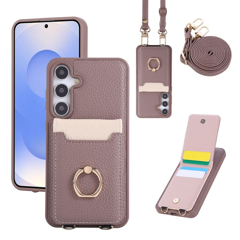 Adatto per Samsung S25 Ultra Custodia in pelle per cellulare con slot per schede S24 S23 Custodia per cellulare con anello con motivo a litchi e cordino_voghion.com