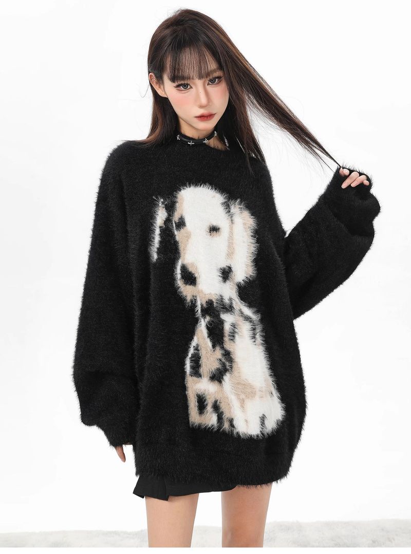 Suéter de terciopelo de visón con lunares negros para mujer, suave y holgado, de mohair, de longitud media, para otoño e invierno._voghion.com