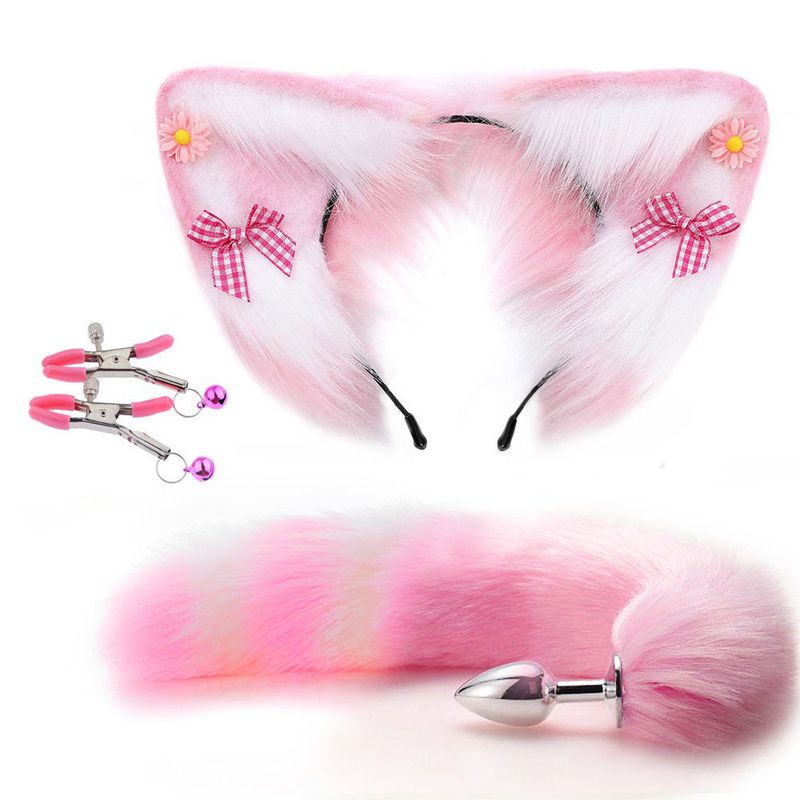 Yanse Sexy Peloso Orecchie di Gatto Colorate Coda di Volpe Lunga in Acciaio Inox Plug in Metallo Set Erotico Cosplay Lesbico Sesso Anale Plug per Donna_voghion.com