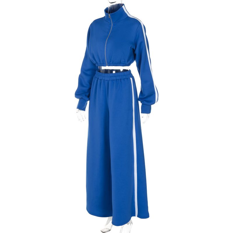 Completo tuta color-block alla moda: giacca con zip e pantaloni a gamba larga (blu/nero/giallo, taglie dalla S alla L)_voghion.com